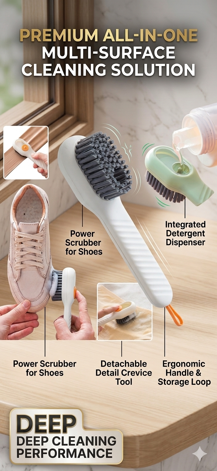 Automatic Liquid Shoe Cleaning Brush with Built-in Soap Dispenser | 2-in-1 Shoe Scrubber & Clothes Washing Brush | Refillable Liquid Box, Long Handle, Press-Type Soap Dispensing Cleaner