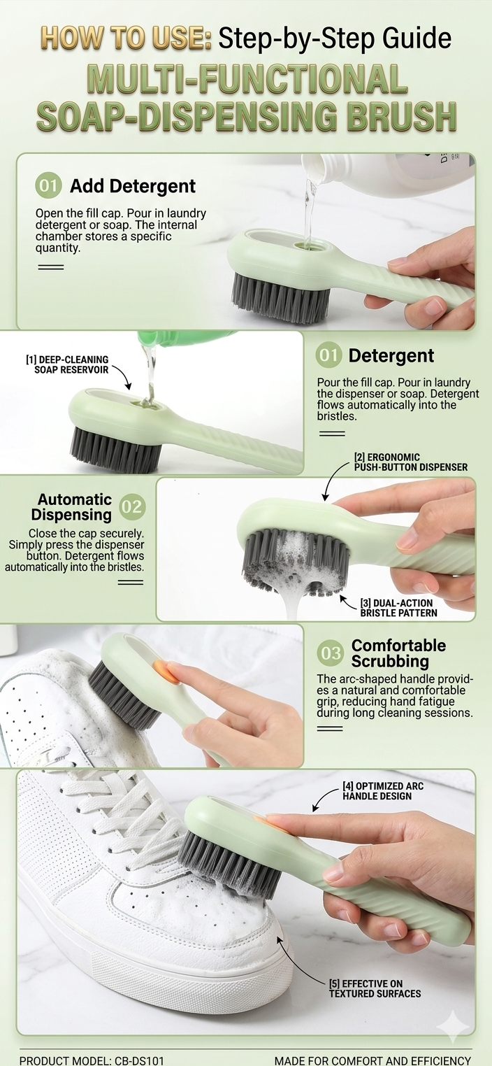 Automatic Liquid Shoe Cleaning Brush with Built-in Soap Dispenser | 2-in-1 Shoe Scrubber & Clothes Washing Brush | Refillable Liquid Box, Long Handle, Press-Type Soap Dispensing Cleaner